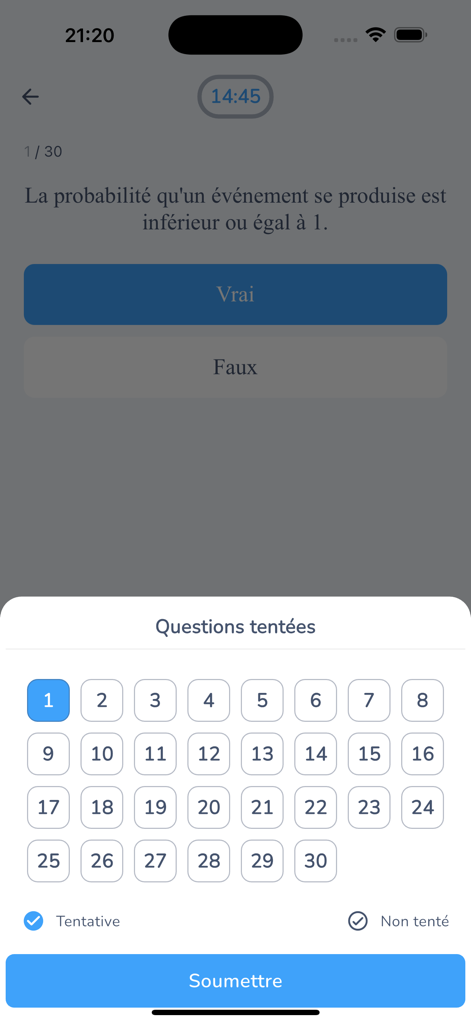 ReviseClasse : Brevet Bac Sup - Ecrã móvel da aplicação ReviseClasse mostrando uma questão de questionário de matemática verdadeiro ou falso com uma grelha de navegação de progresso