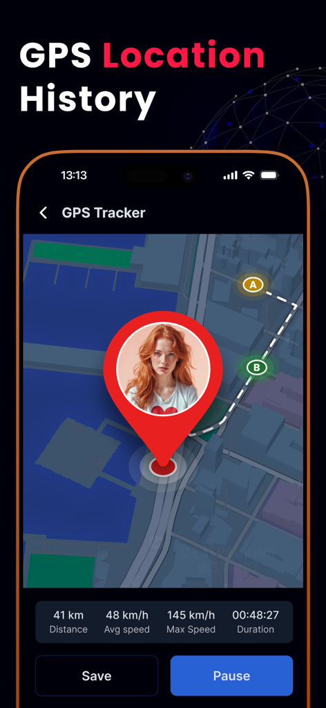 Interface of the GPS Location History feature showing a map route and trip data like speed and distance