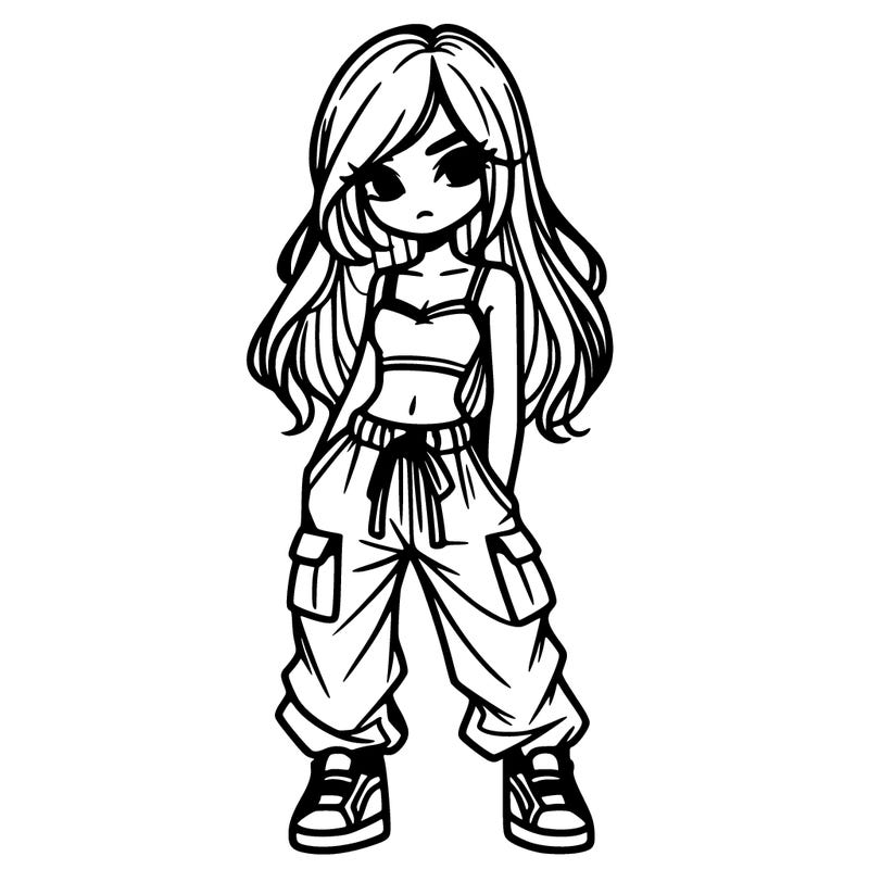 girl in a crop top baggy pants and long hair