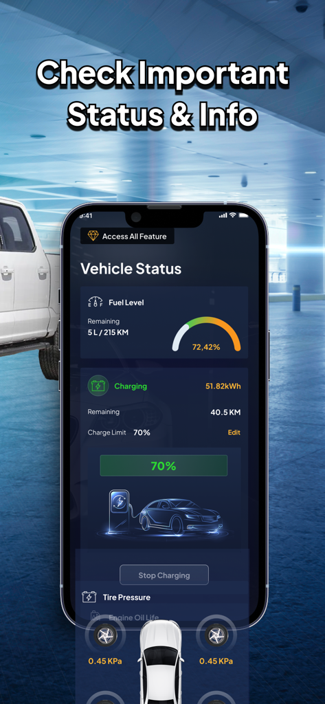 Sync: Ford Car Play Connect - Sync Ford Car Play Connectアプリの燃料と充電レベルを示すダッシュボード
