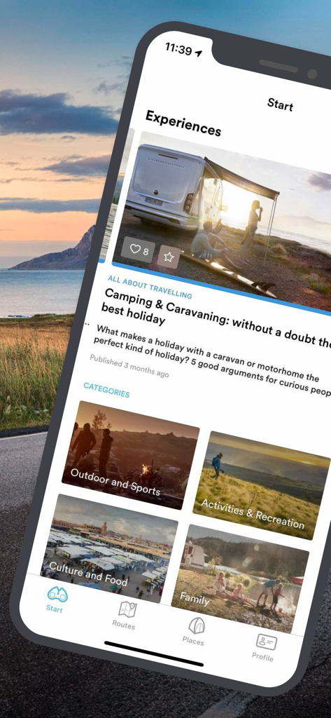 FREEONTOUR Camping App - FREEONTOUR App Startbildschirm mit Wohnmobil-Reisegeschichten und Aktivitätskategorien