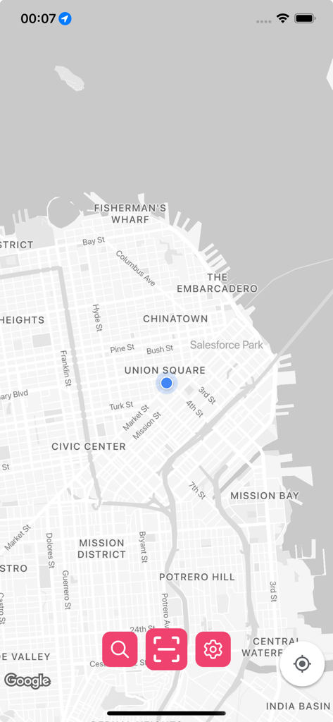 OneFlash mobile app displaying a map of San Francisco with user location and scan button