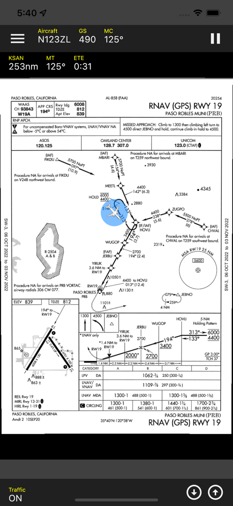 ZuluLog Pilot Logbook and EFB - Georeferenced RNAV GPS approach plate for Paso Robles Municipal airport shown on the ZuluLog EFB app