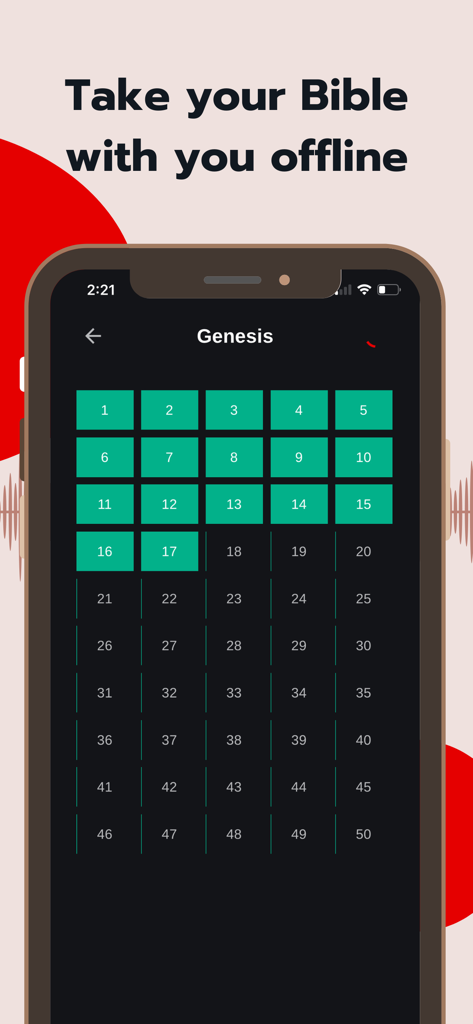 Bible.is app showing Genesis chapters available for offline reading.
