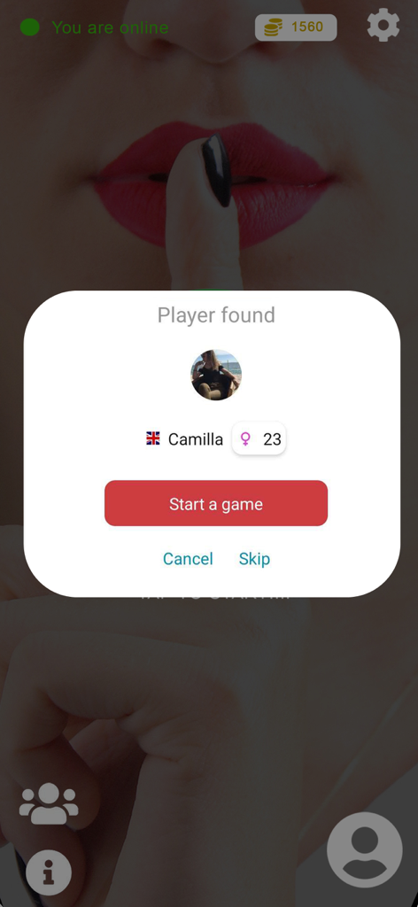 Interfaz de la aplicación Secret Game que muestra el perfil de un jugador encontrado con un botón para iniciar el juego