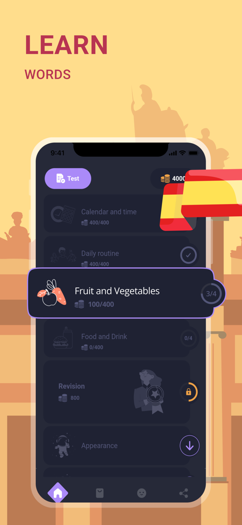 Spanish Words A1-B1 | 2Shine - Tela móvel do aplicativo de aprendizado de espanhol 2Shine exibindo categorias de vocabulário como frutas e vegetais