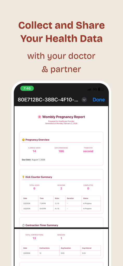 A digital pregnancy report from the Wombly app displaying health metrics like kick counts and contraction summaries