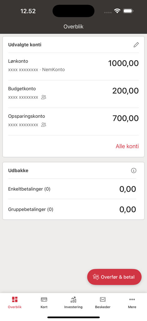 Visão geral do painel do aplicativo de mobile banking empresarial Spar Nord Erhverv, mostrando saldos de contas e pagamentos pendentes