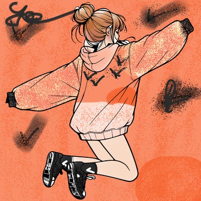 realistic girl jumping with a bun and oversized sweatshirt