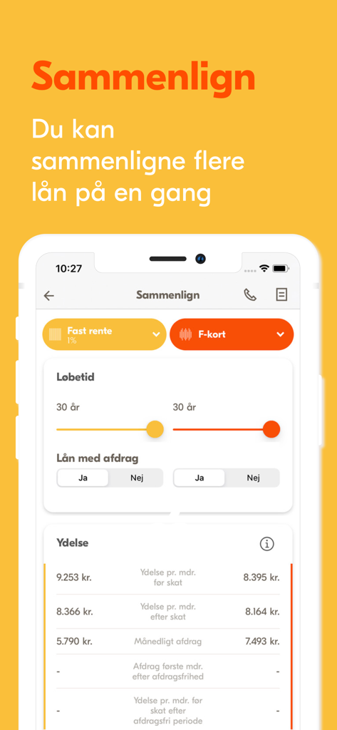 Tela móvel do aplicativo Totalkredit comparando duas opções diferentes de empréstimo hipotecário lado a lado