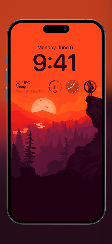 8K WALLPAPERS x 4K Backgrounds - A vibrant orange and red minimalist sunset landscape wallpaper on an iPhone lock screen with time and weather widgets.