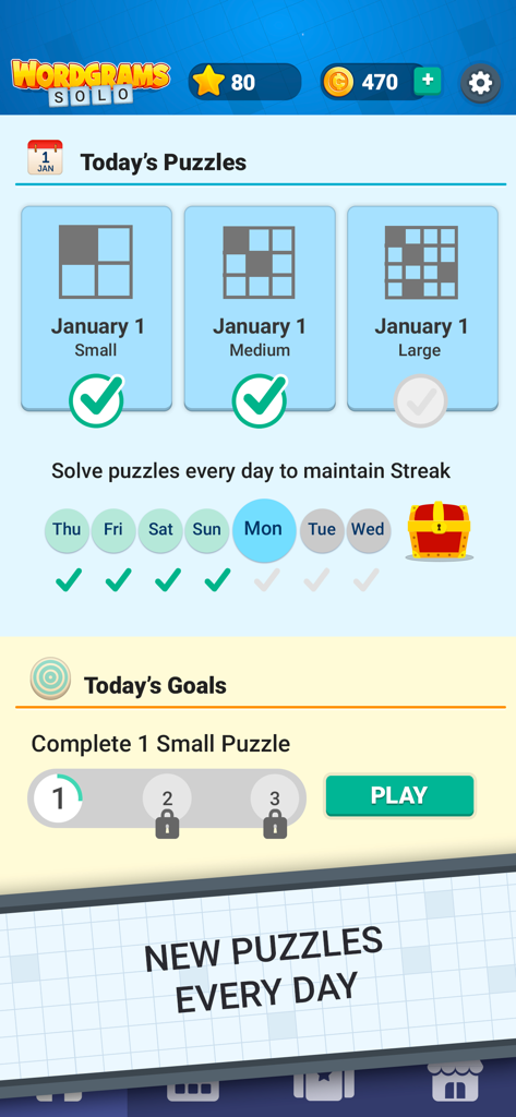 Daily Crossword Arrow Solo app screen showing daily puzzle options for small medium and large sizes with streak progress