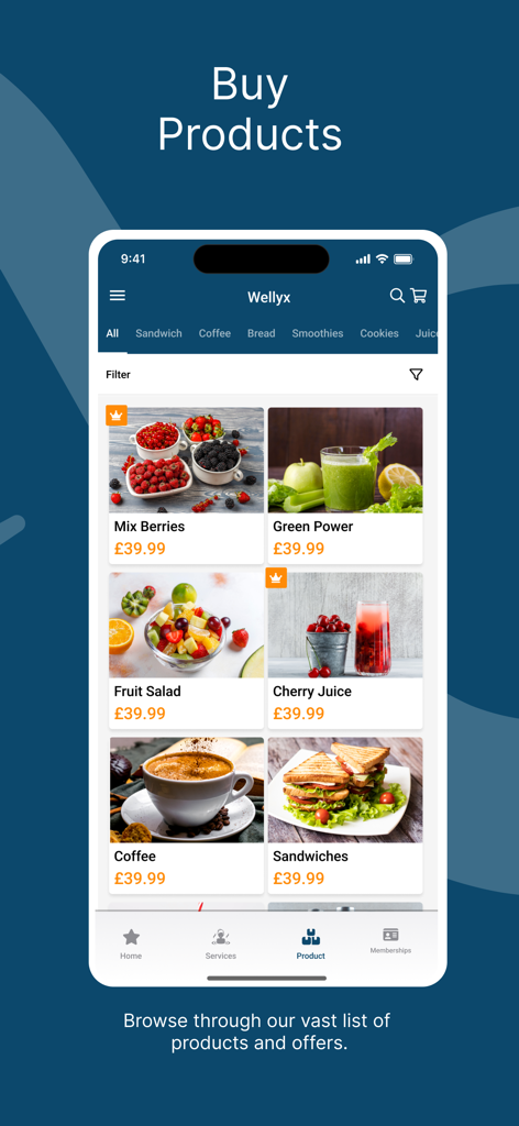 Wellyx mobile app screen displaying healthy products for sale including smoothies and fruit salads