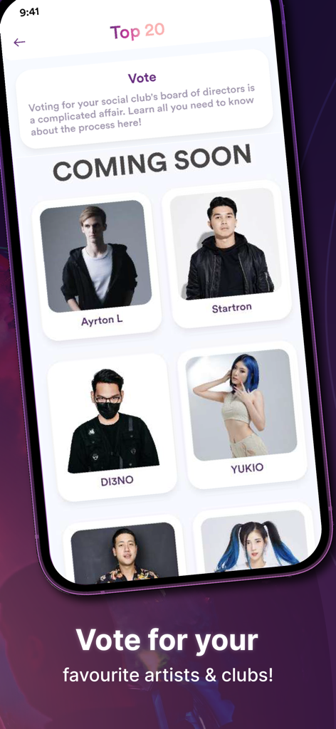 EDM Addicts - A mobile app screen for EDM Addicts showing a list of artists to vote for in a top 20 ranking.