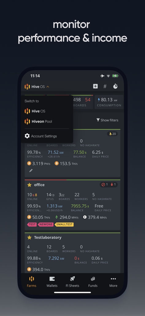 Hive OS - Hive OS app dashboard displaying cryptocurrency mining farm hashrate and income statistics