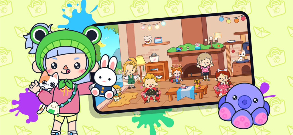 Terra World: Avatar Maker Life - Un grupo de lindos avatares personalizados en una escena de sala de estar dentro de la aplicación Terra World