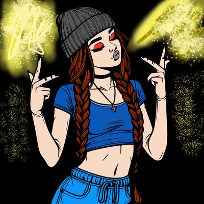 realistic teenage girl with braids and a beanie and crop top doing 🫶🏼