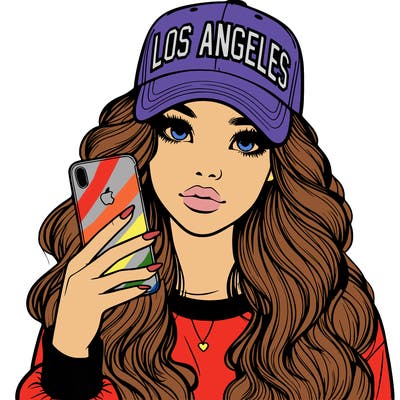 realistic beautiful girl wearing los ángeles cap holding an iphone