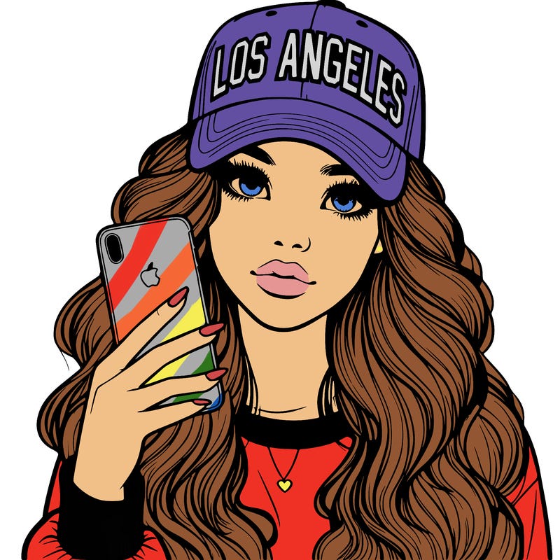 realistic beautiful girl wearing los ángeles cap holding an iphone