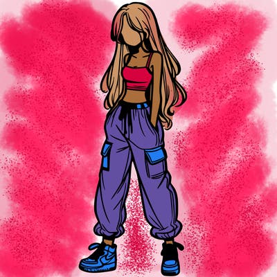 girl in baggy pants crop top and long hair