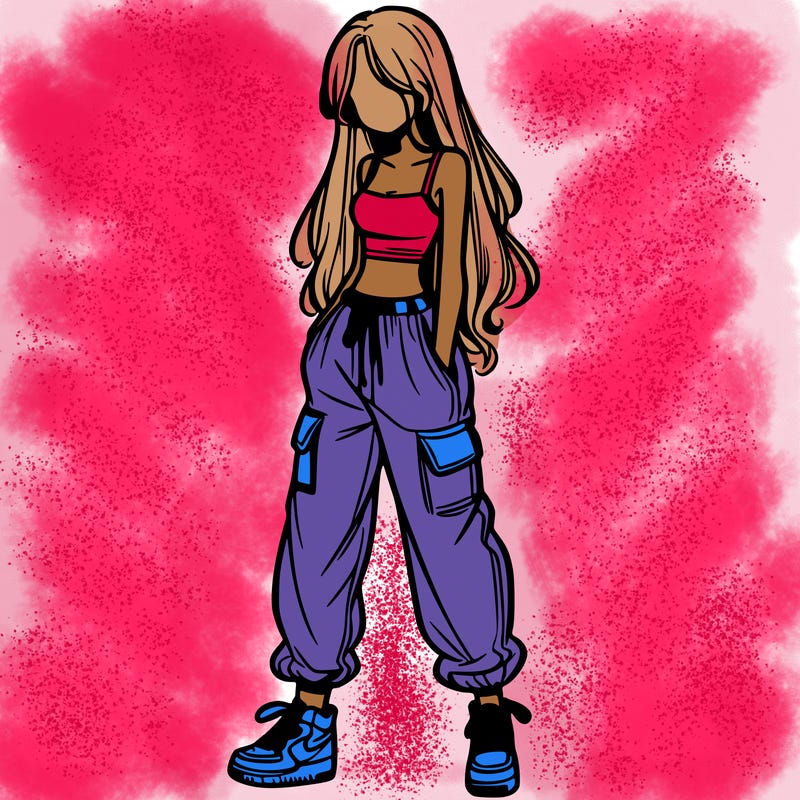 girl in baggy pants crop top and long hair