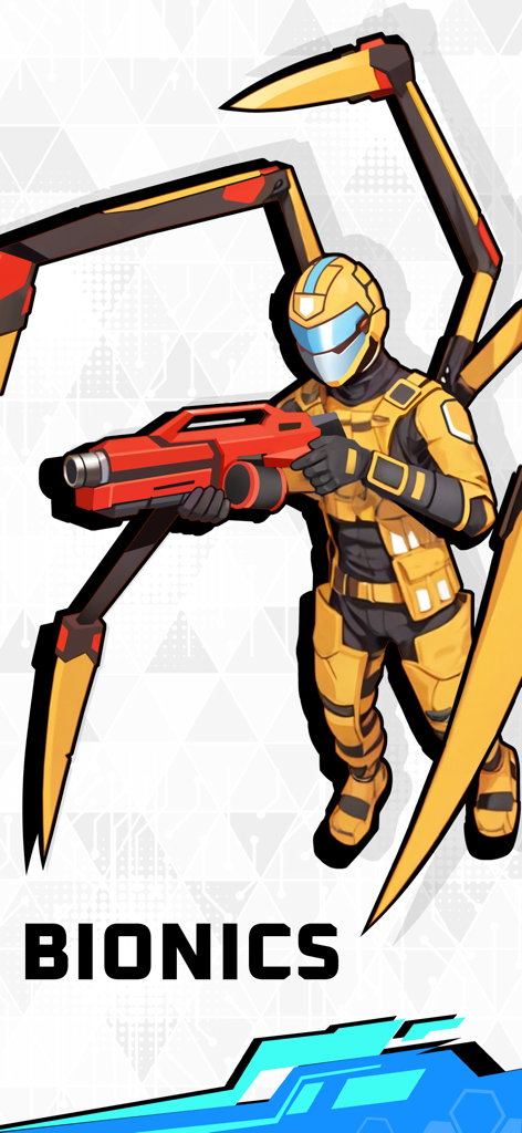 Bionics - Bionic hero in yellow armor holding a futuristic red gun