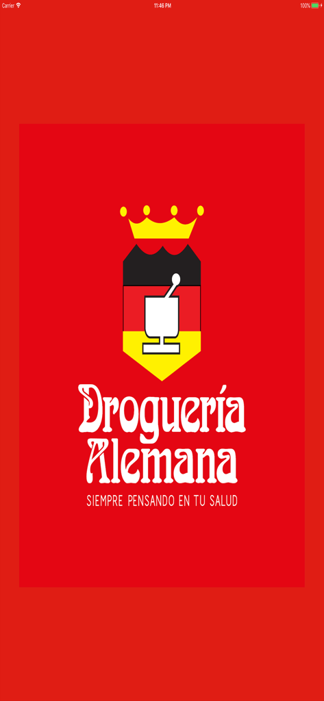 Droguería Alemana - Drogueria Alemana pharmacy app splash screen with logo and health slogan