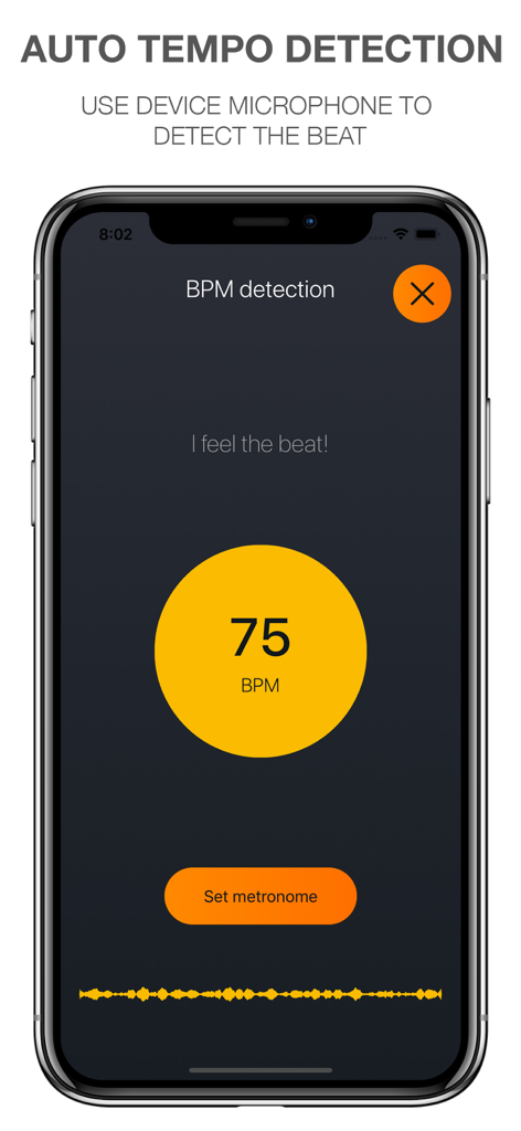 Band Metronome: Tempo, Setlist - Pantalla de detección de BPM automático mostrando 75 pulsaciones por minuto en la aplicación Metrónomo de Banda