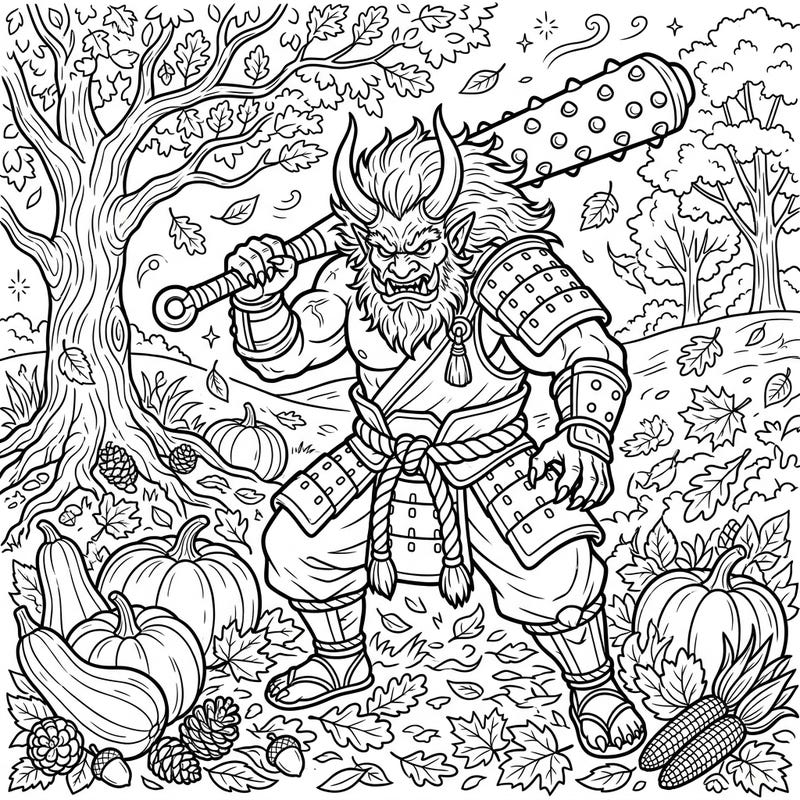 Step into a mythical autumn with this captivating coloring page featuring a powerful Oni demon amidst a rich fall harvest scene. This intricate design combines Japanese folklore with the beauty of the season, perfect for advanced colorists.
