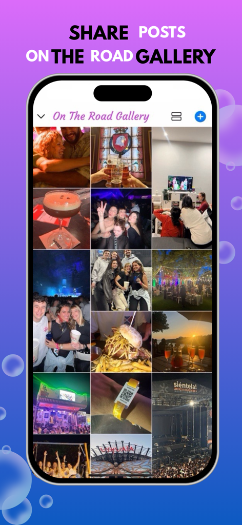 Tela de smartphone mostrando a galeria de fotos compartilhadas do aplicativo Weebu Messenger com amigos e imagens de estilo de vida