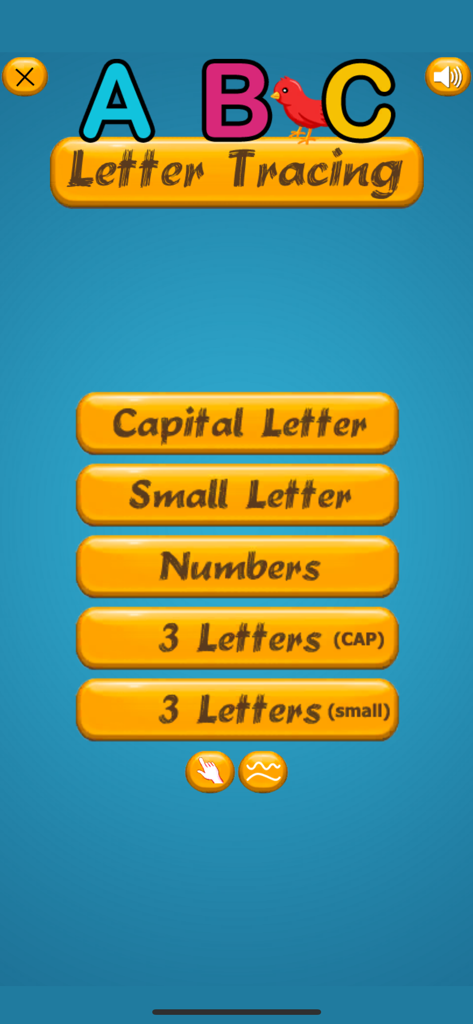 Letter Tracing for English - Main menu of the Letter Tracing for English app featuring buttons for capital letters, small letters, numbers, and words.