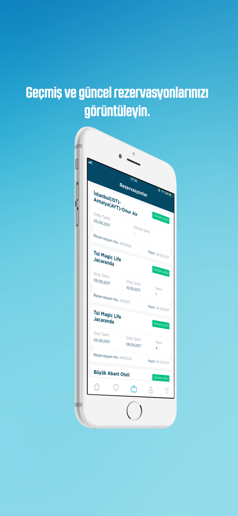 tatilsepeti - iPhone screen showing a list of past and current travel reservations in the tatilsepeti app