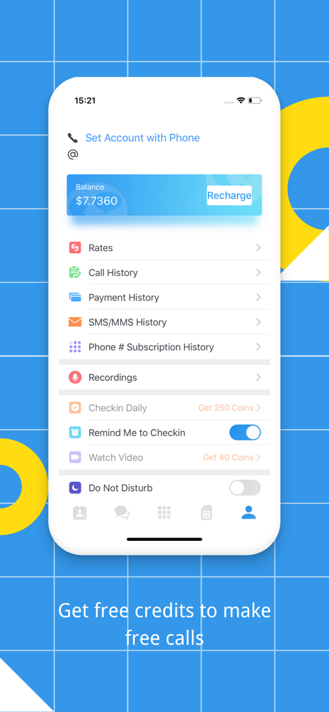 TeleMe – Record on 2nd Number - TeleMe app account screen displaying user balance and options to earn free call credits.
