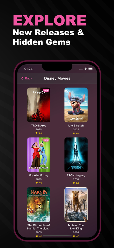 Hi TV : Movies & TV Shows AI - Interface de l'application Hi TV affichant une liste organisée de films Disney et de nouveautés pour une découverte facile.