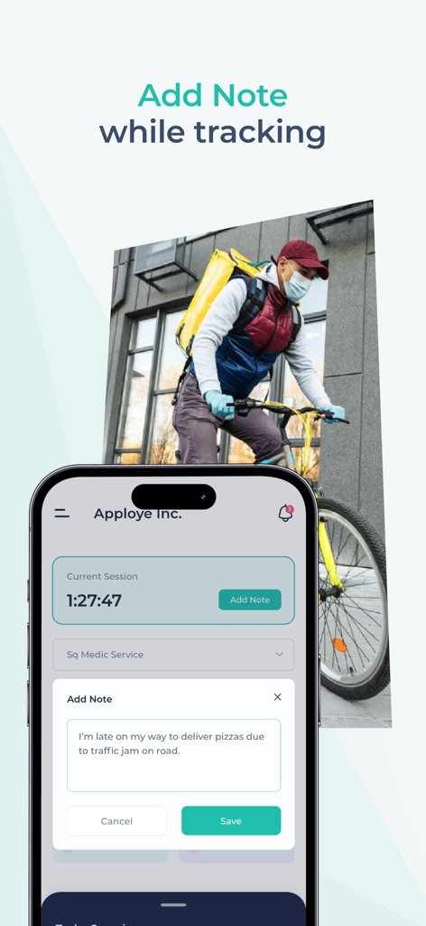 Aplicativo Apploye mostrando como adicionar notas durante uma sessão de rastreamento de tempo ativa