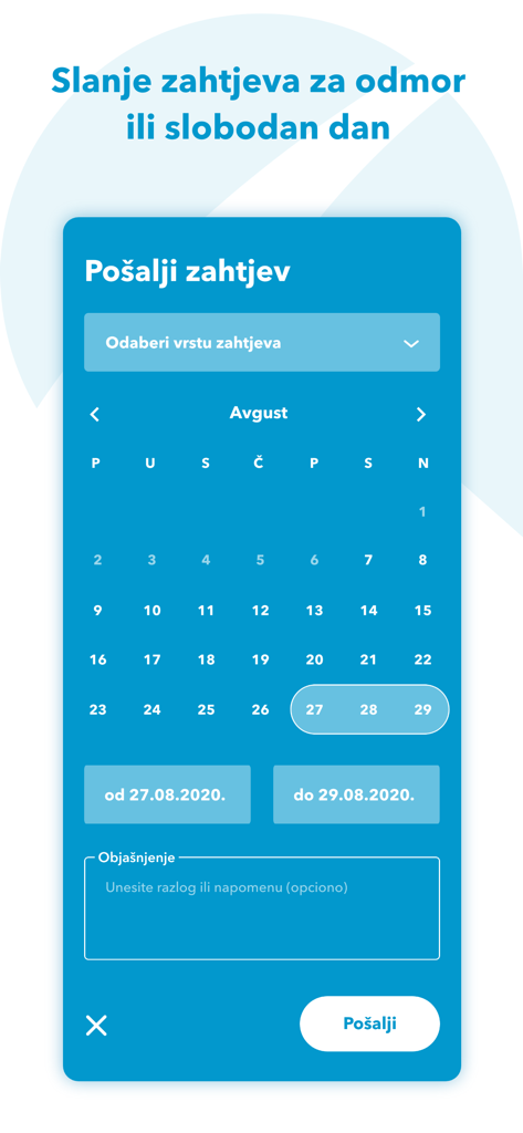Interface da aplicação Away a mostrar um calendário para selecionar datas e enviar um pedido de férias ou folga.