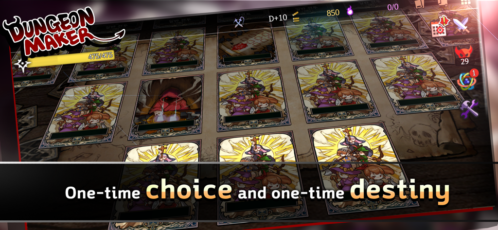 Dungeon Maker gameplay screenshot showing fate cards and hero character selection