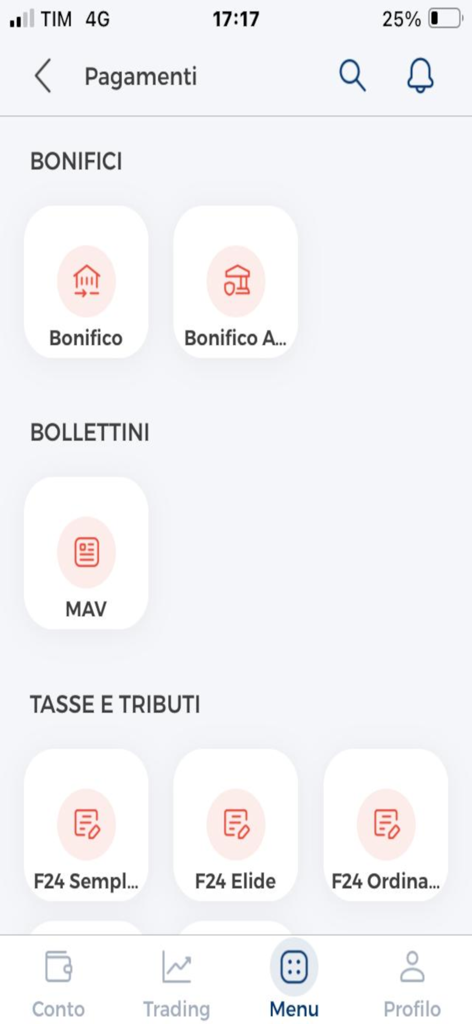 Banca Stabiese - Banca Stabiese App Zahlungs-Interface mit Optionen für Banküberweisung und Steuerzahlung
