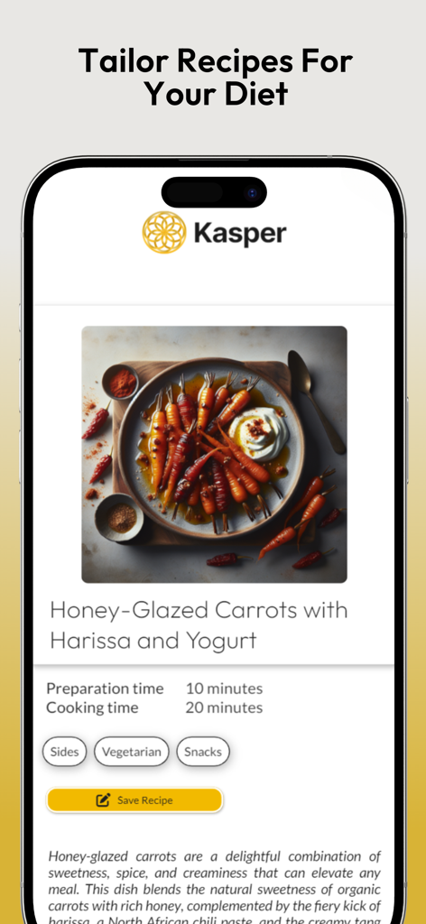 Kasper AI Master Private Chef - Una captura de pantalla de la aplicación Kasper AI que muestra una receta de zanahorias glaseadas con miel vegetariana adaptada a dietas específicas