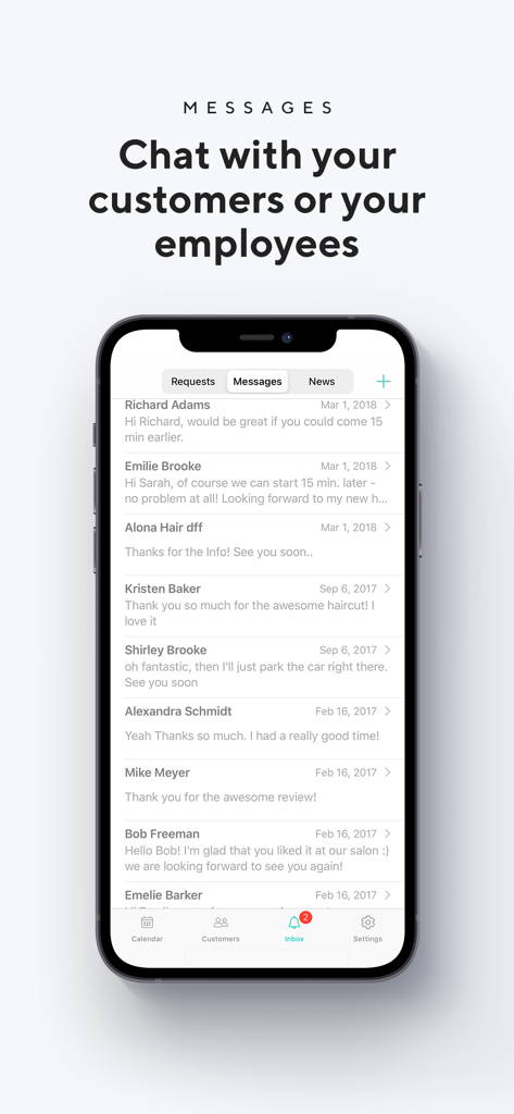 Shore Business - A smartphone showing the Shore Business app messenger screen for professional communication with customers and staff.