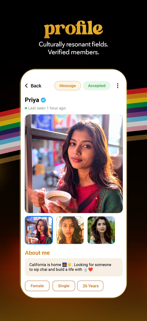 Intro - Queer Desi Dating - A screenshot of a verified user profile on the Intro dating app showing culturally resonant fields and identity information.