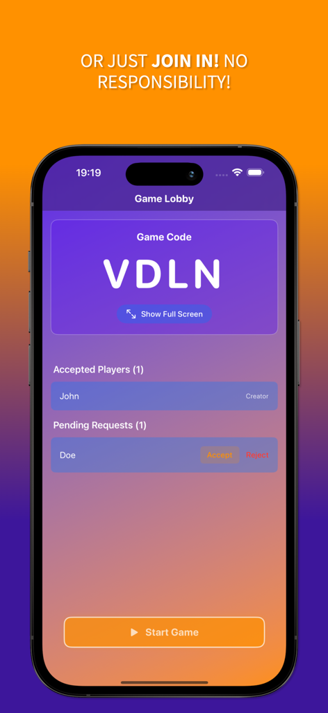 Wink Murder: Reality Adventure - Pantalla del vestíbulo del juego Wink Murder que muestra el código del juego y las solicitudes de unión de jugadores en un iPhone.