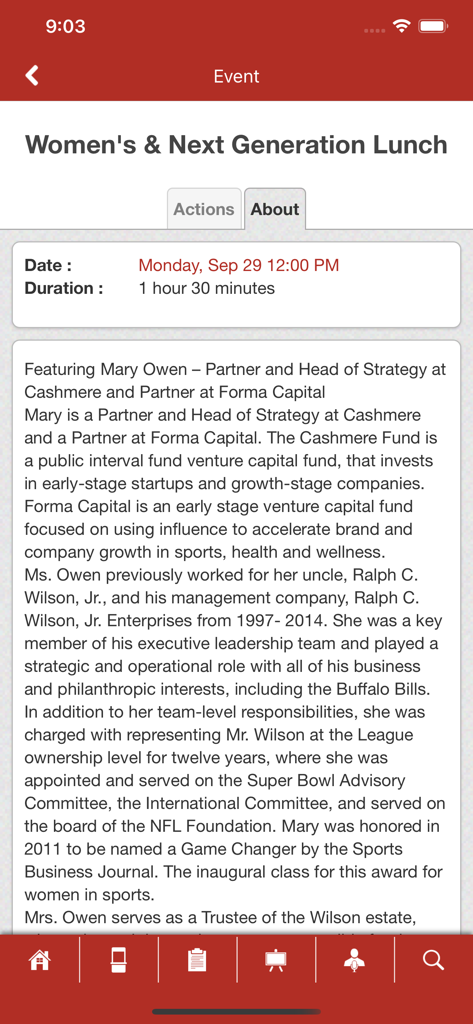 Event details screen for a session titled Womens and Next Generation Lunch in the ADISA Conferences app