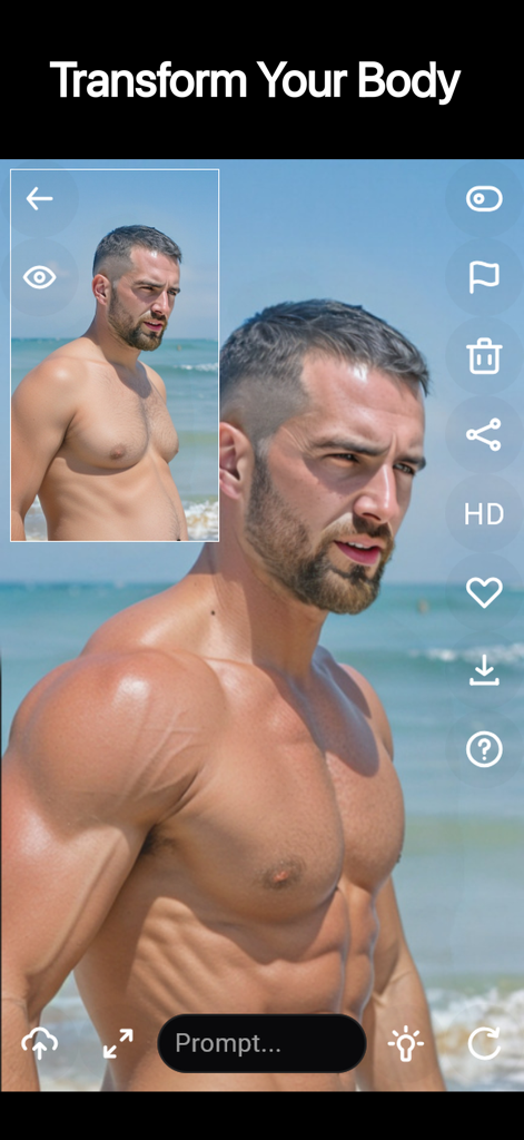 Riff - Fast AI Photo Edits - Before and after comparison of a man using AI to enhance his muscles in a beach photo.