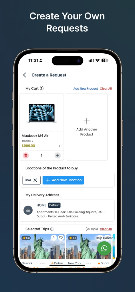 Shpper - Shpper app interface for creating a cross border shopping request to buy a Macbook Air in the USA for delivery to Dubai