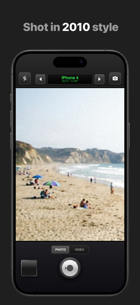 Interface of the 2000s camera app showing a grainy beach photo with an iPhone 4 vintage filter