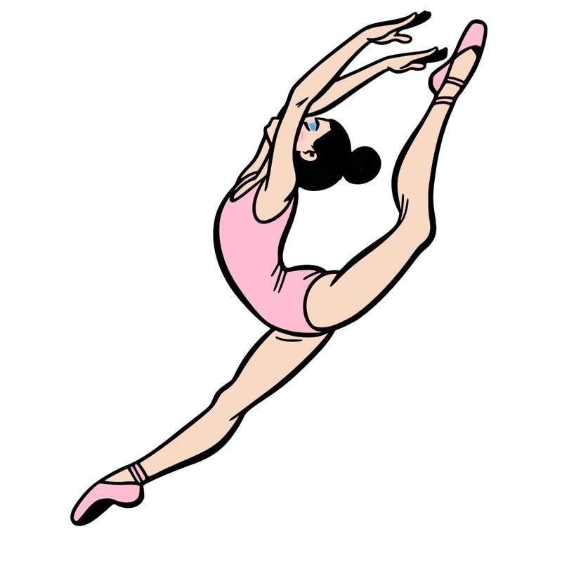 gymnast doing a leap in a leotard with a bent back leg