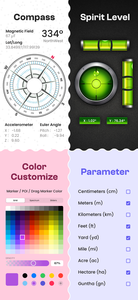 GPS Fields Area Measure on Map - Tela do aplicativo móvel apresentando bússola, nível de bolha, personalização de cores e opções de unidade de medida