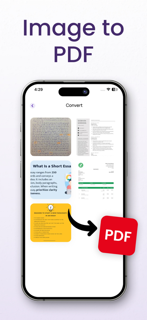 Text Scanner OCR App: OCR Scan - Mobile app interface showing the conversion of scanned handwritten notes and documents into a PDF file.
