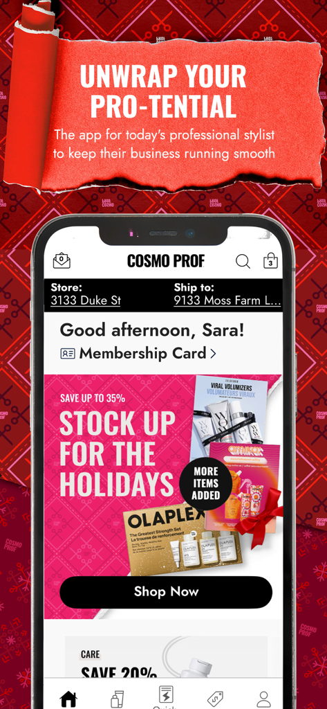 CosmoProf Beauty app interface for professional stylists showing holiday promotions and membership card